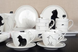 Koffiekopjes - Set van 4 - Zwart-Witte Kattenschotels – Keramiek