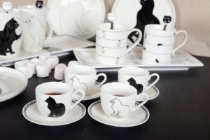 Koffiekopjes - Set van 4 - Zwart-Witte Kattenschotels – Keramiek
