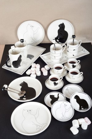 Koffiekopjes - Set van 4 - Zwart-Witte Kattenschotels – Keramiek