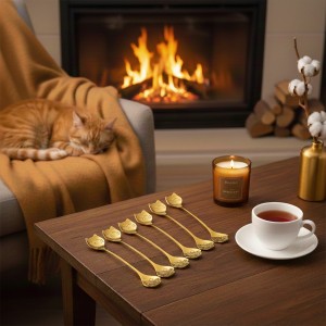 Gouden Kattenlepels – Set van 6 – Roestvrij Staal – Koffielepels & Dessertlepels
