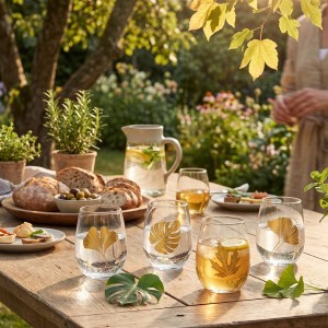 Waterglazen Goud Blad Decor 330 ml – Set van 4 | Luxe Drinkglazen | AULICA