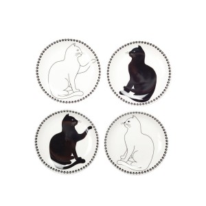 Set van 4 Porseleinen Dessertbordjes – Katten Design – Zwart/Wit – Schotel / Taartbordjes – Cadeautip voor Kattliefhebbers