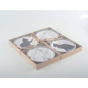 Set van 4 Porseleinen Dessertbordjes – Katten Design – Zwart/Wit – Schotel / Taartbordjes – Cadeautip voor Kattliefhebbers