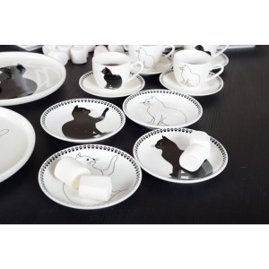 Set van 4 Porseleinen Dessertbordjes – Katten Design – Zwart/Wit – Schotel / Taartbordjes – Cadeautip voor Kattliefhebbers