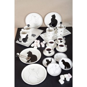 Set van 4 Porseleinen Dessertbordjes – Katten Design – Zwart/Wit – Schotel / Taartbordjes – Cadeautip voor Kattliefhebbers